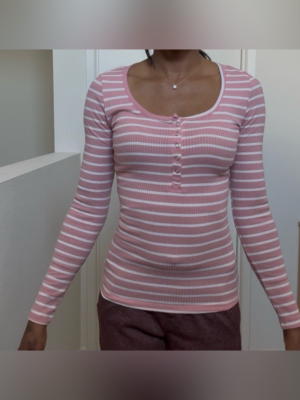 Striped Ribbed Henley Long-Sleeve Top - Pink/White